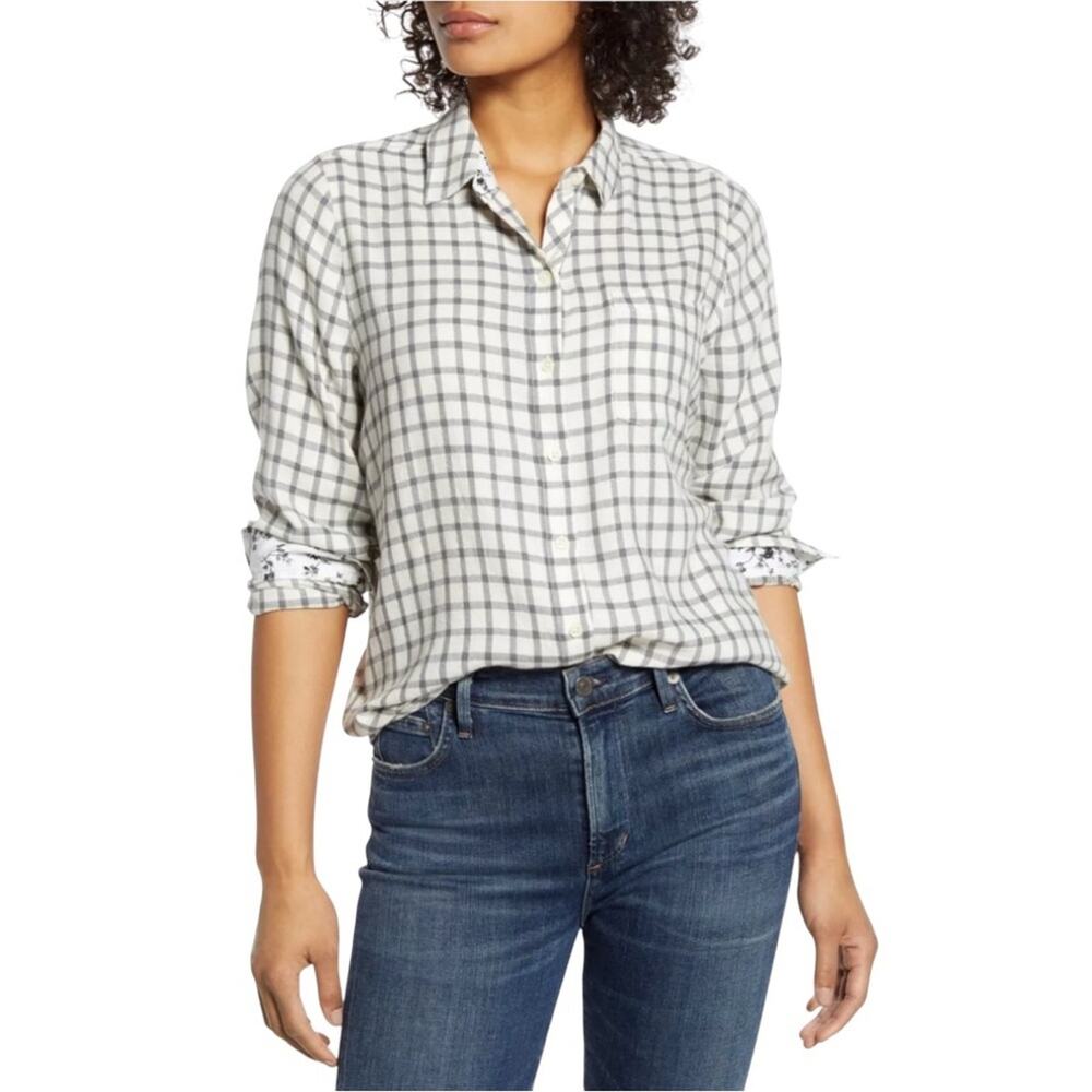 NWT LUCKY BRAND Gray/Creme Plaid Contrast Long Sleeve Button Up Shirt  Sz XL